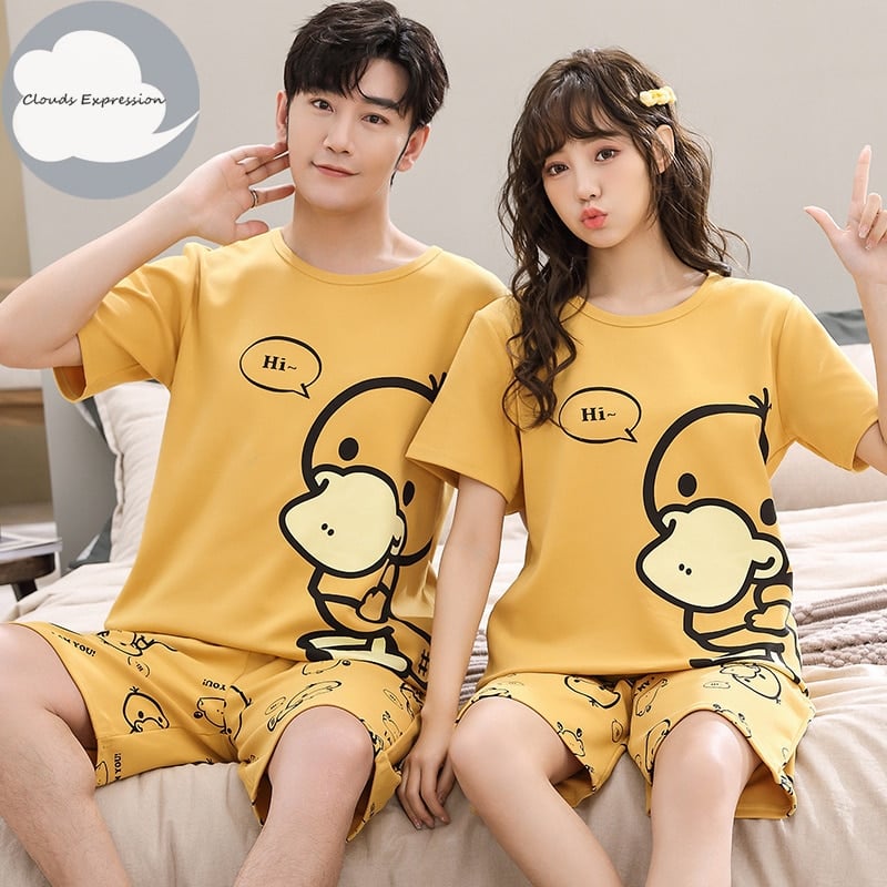 Pyjama d'été en tricot de coton pour couples imprimés de canard de bande dessinée_1