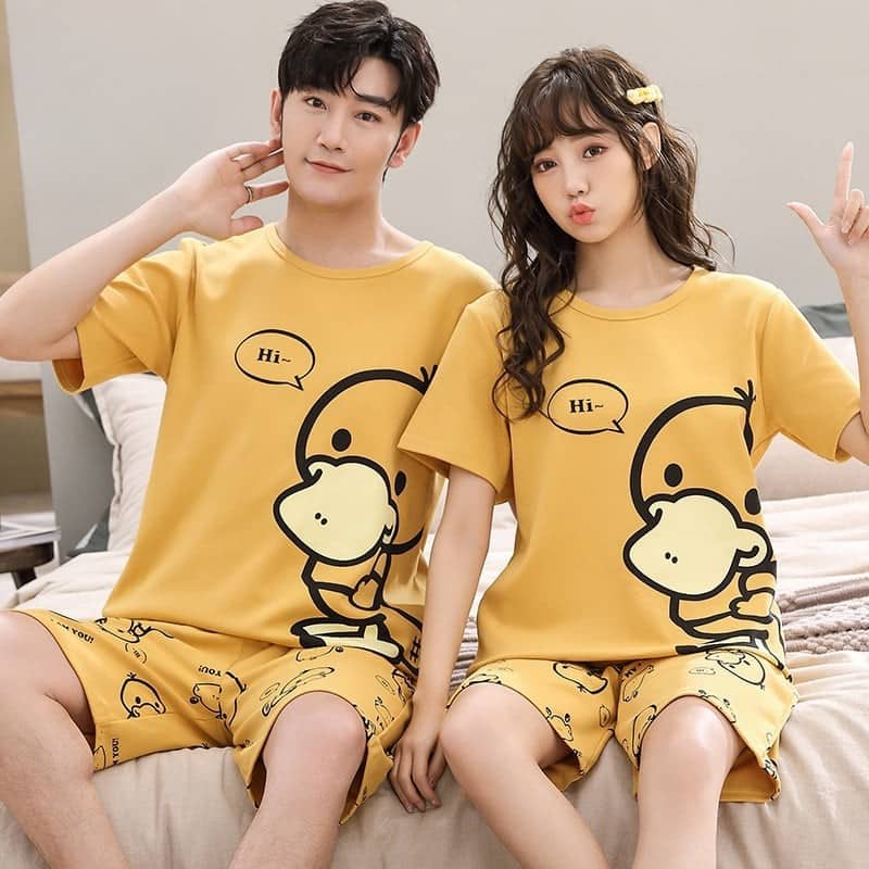Pyjama d'été en tricot de coton pour couples imprimés de canard de bande dessinée