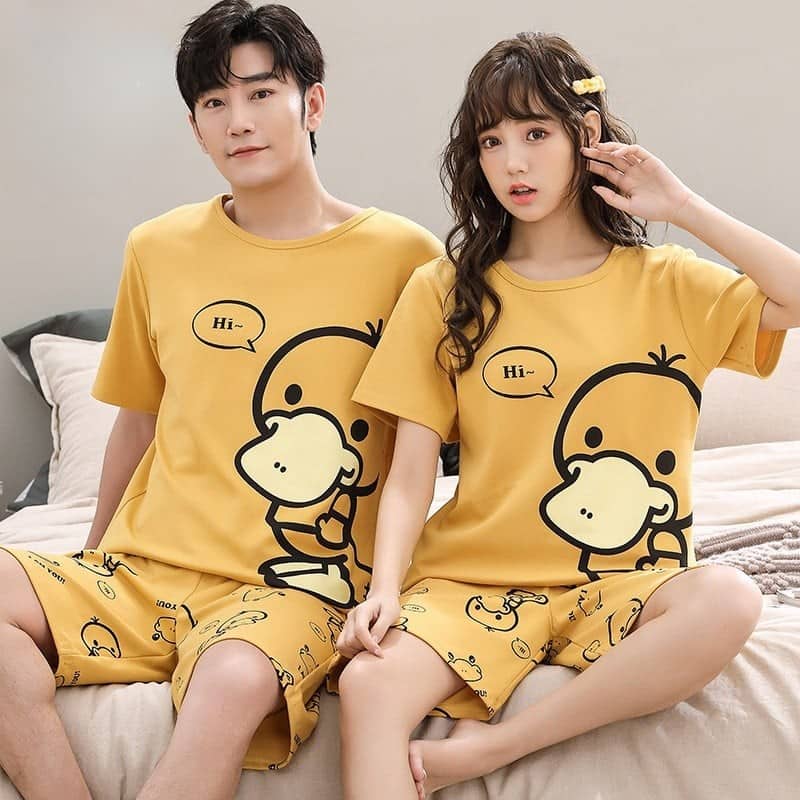 Pyjama d'été en tricot de coton pour couples imprimés de canard de bande dessinée