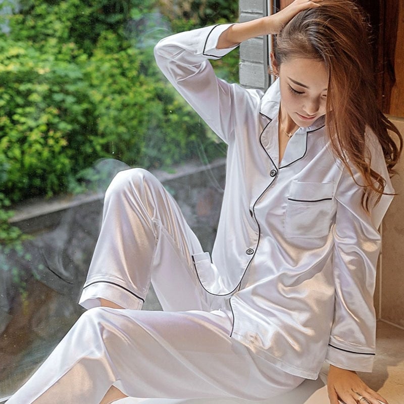 Pyjama 2 pièces à col rabattu  en soie glacée pour femmes Blanc 3XL 80-90KG