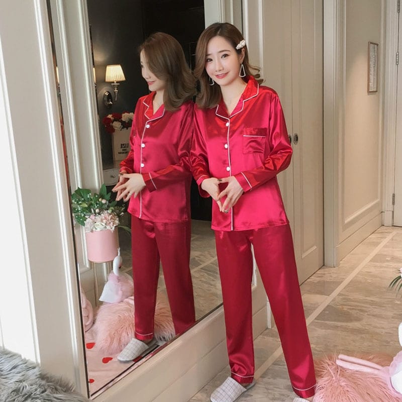 Pyjama 2 pièces à col rabattu  en soie glacée pour femmes Rouge 3XL 80-90KG