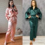 Pyjama 2 pièces avec ceinture de couleur unie en satin_16