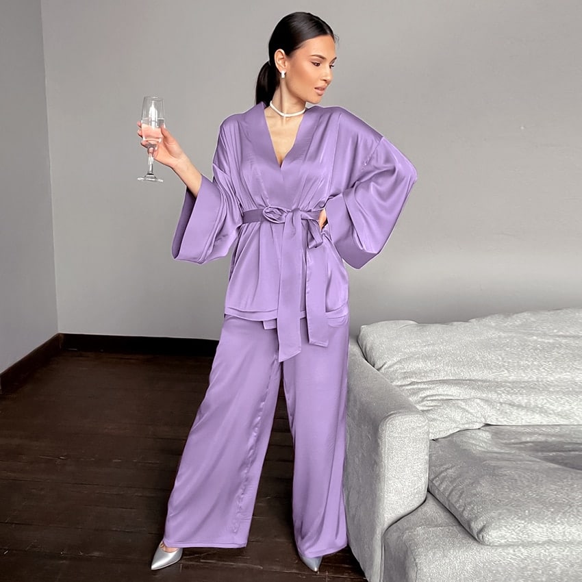 Pyjama 2 pièces avec ceinture de couleur unie en satin Violet XL