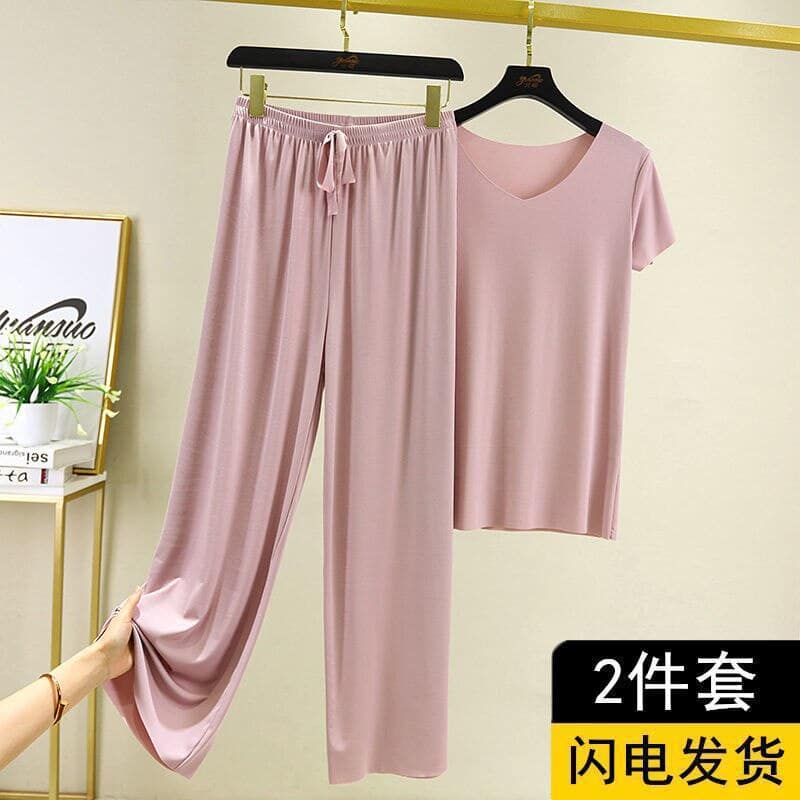 Pyjama 2 pièces de couleur unie avec un haut en col v avec pantalon pour femmes Violet 4XL 90-100 KG