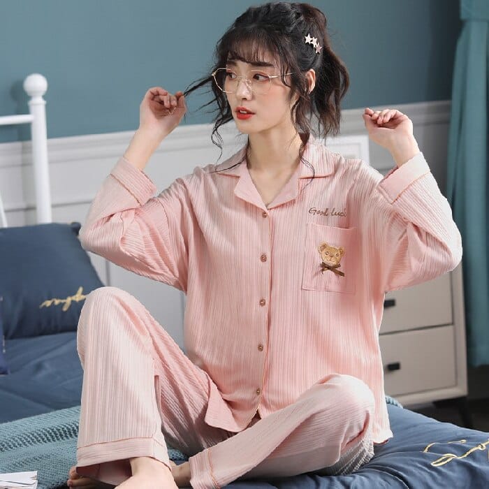 Pyjama 2 pièces design simple à manches longues pour femmes Rose XXL