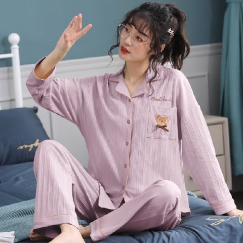 Pyjama 2 pièces design simple à manches longues pour femmes Violet XXL