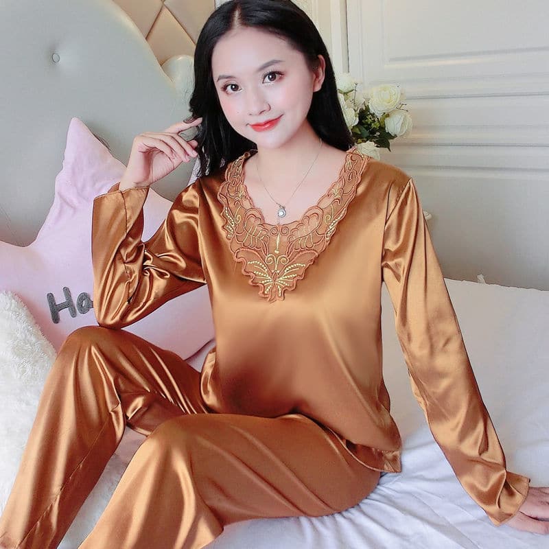 Pyjama 2 pièces style chinois pour femmes Marron 5XL 85-95kg