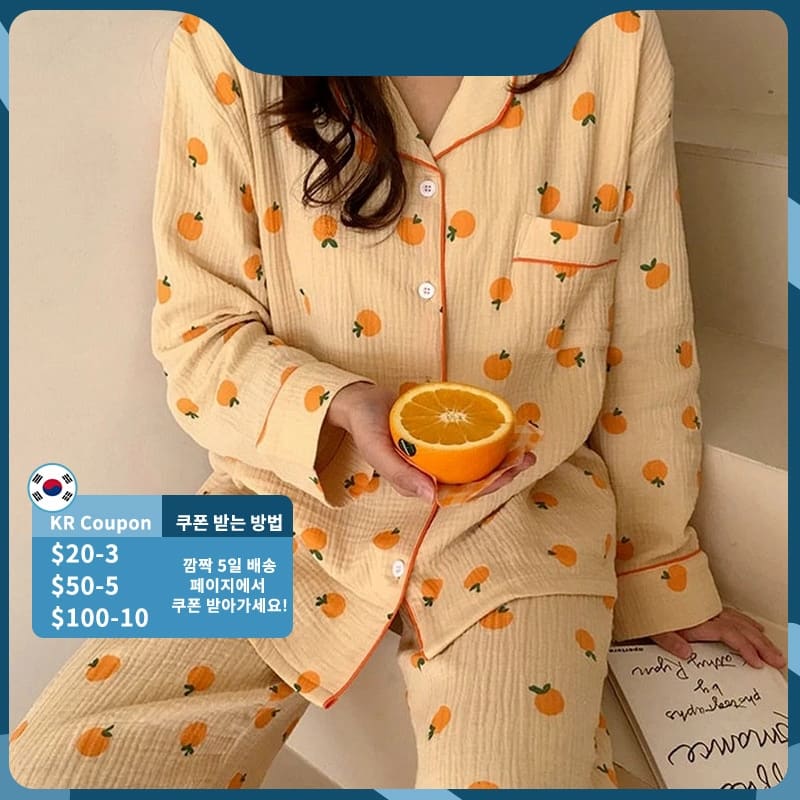 Pyjama à 2 pièces en coton imprimé Orange pour femme_1