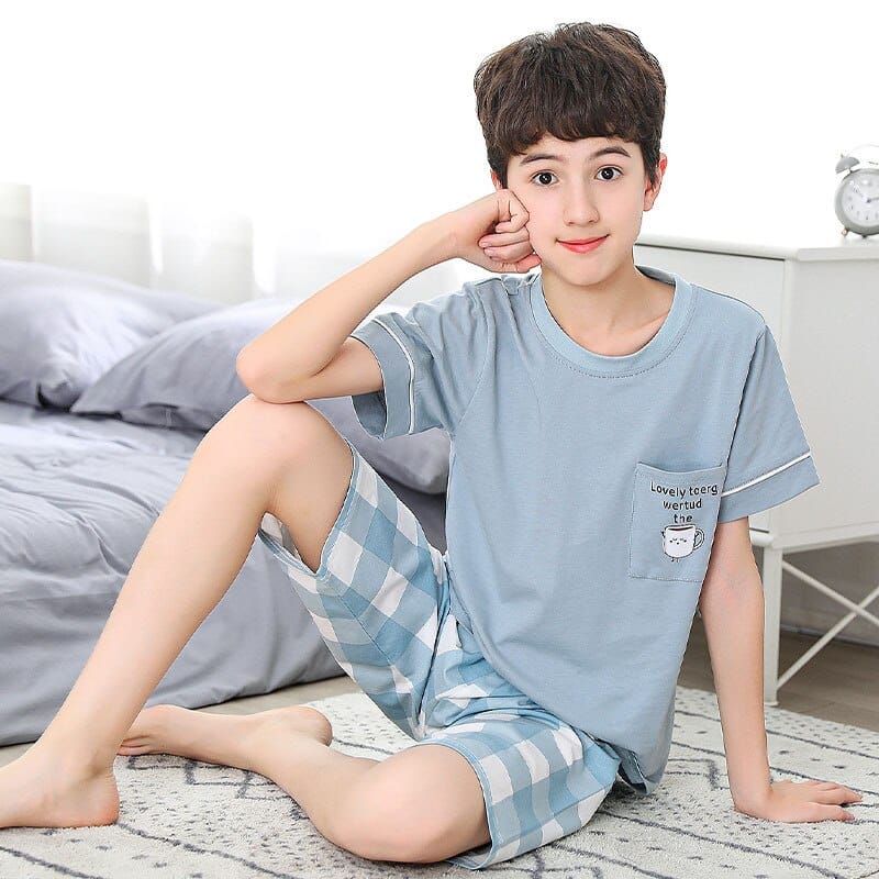 Pyjama à manches courtes  en coton pour ado Bleue ciel 100-110cm)