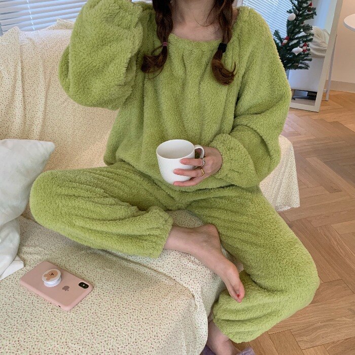 Pyjama à manches longues 2 pièces en coton pour femme Verte L