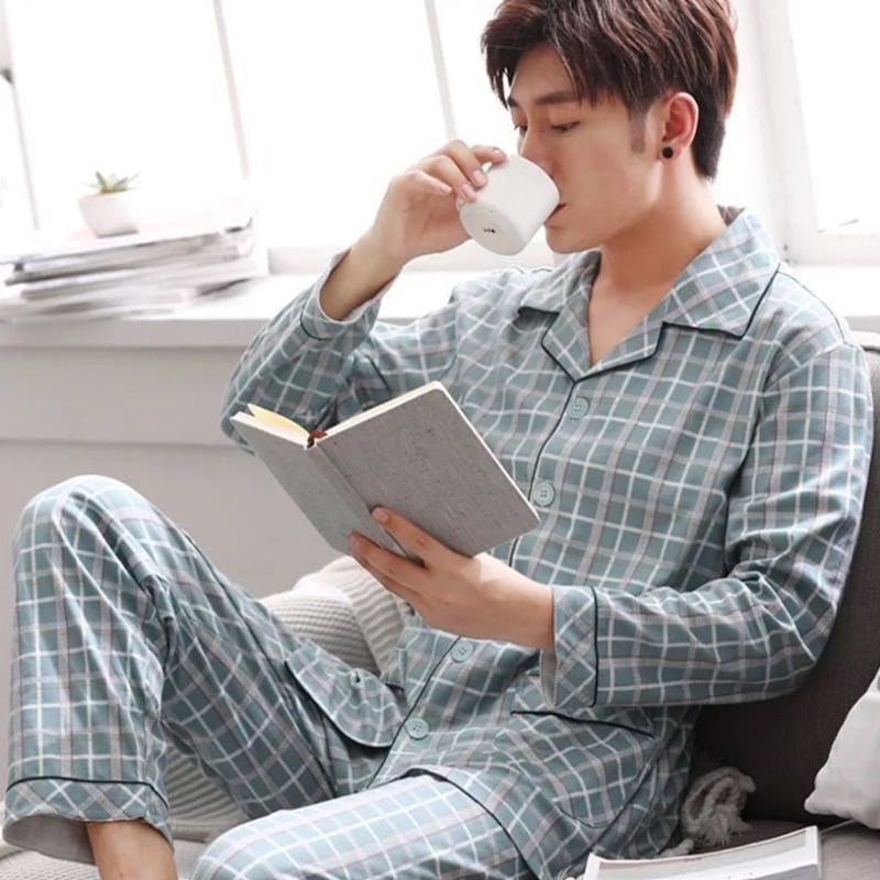 Pyjama carrelé à manches longues en coton pur pour Homme_1