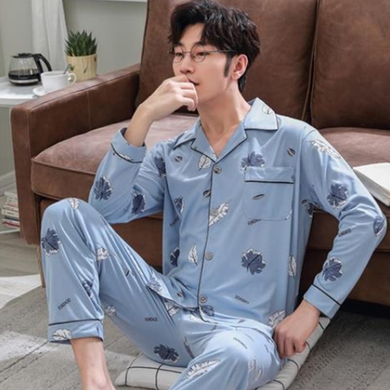 Pyjama carrelé à manches longues en coton pur pour Homme_20