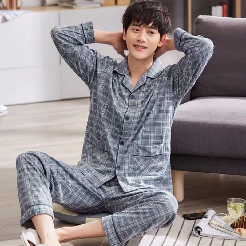 Pyjama carrelé à manches longues en coton pur pour Homme_24