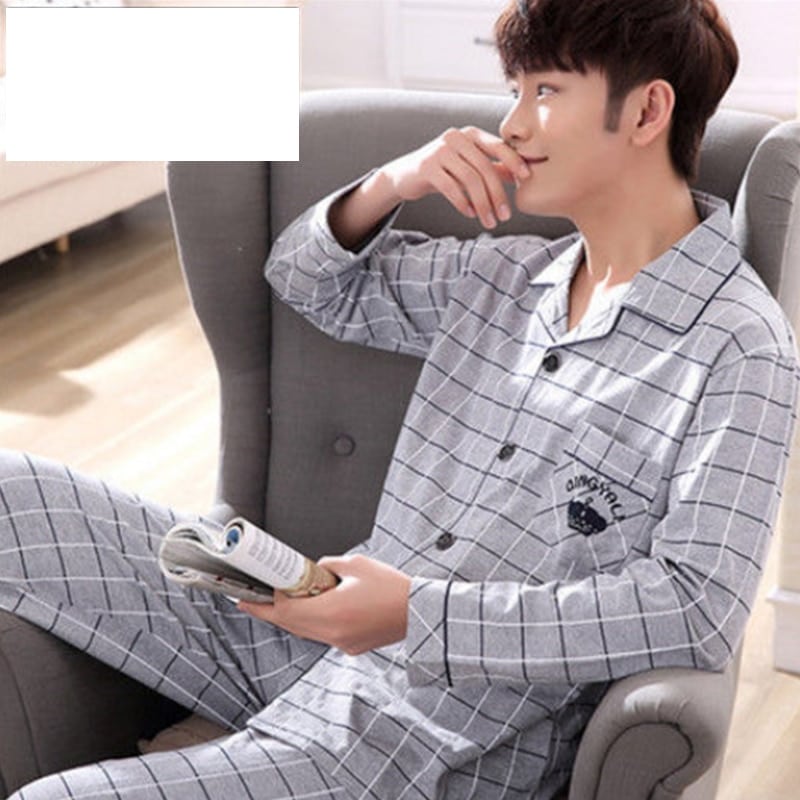 Pyjama carrelé à manches longues en coton pur pour Homme_26