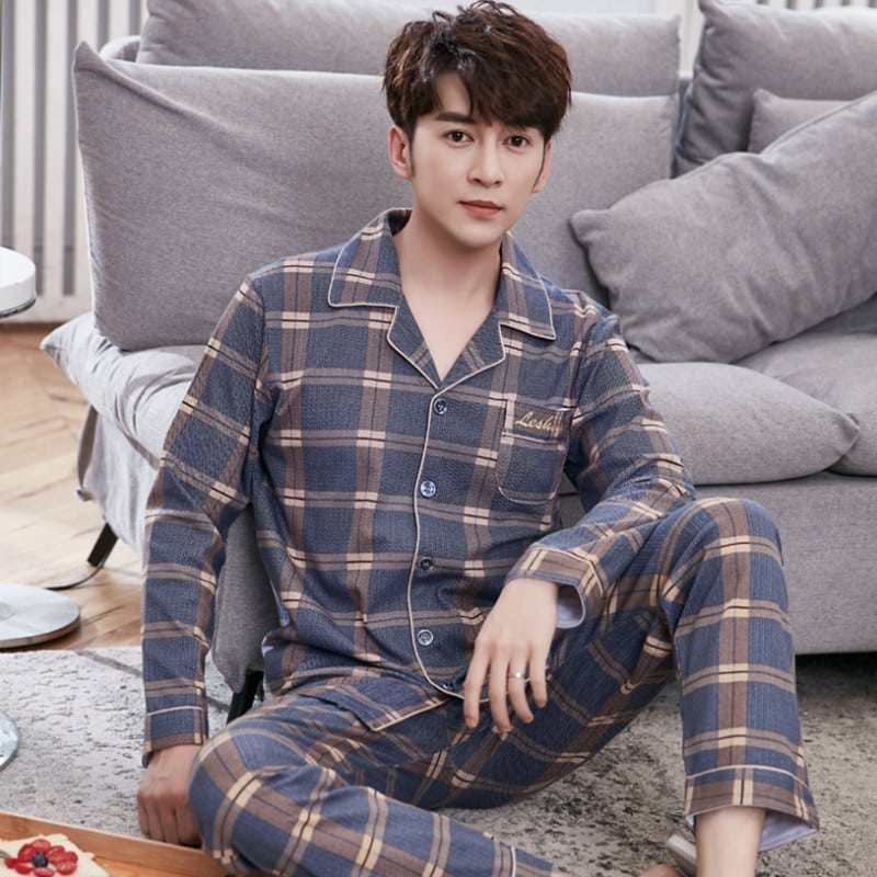 Pyjama carrelé à manches longues en coton pur pour Homme_7
