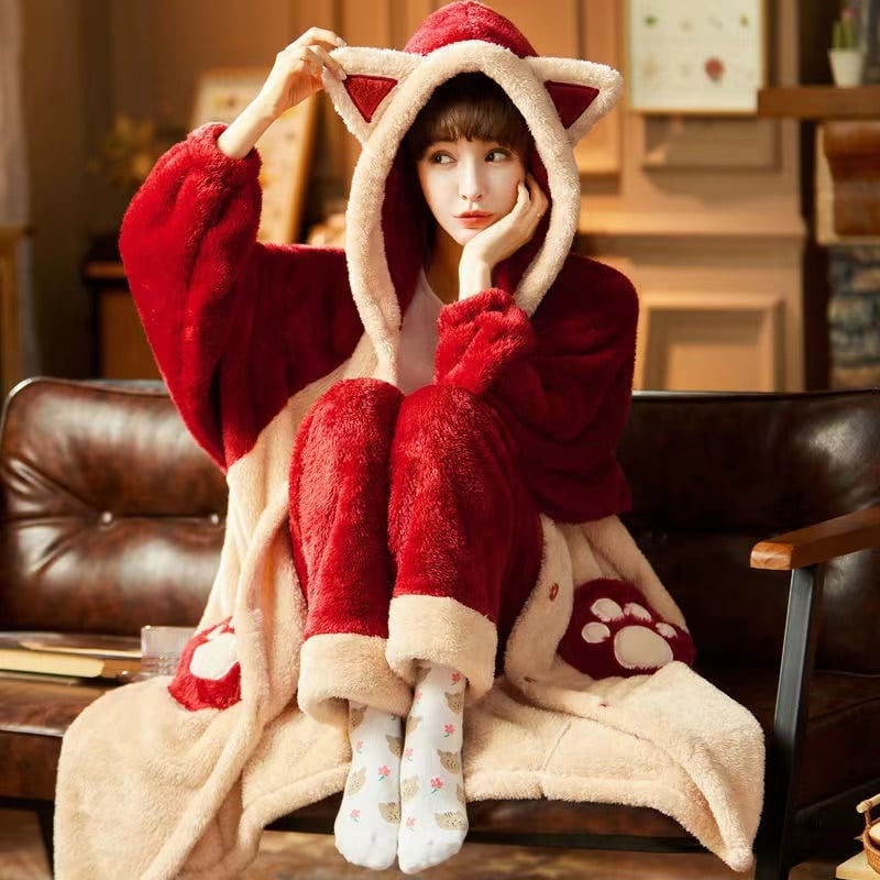Pyjama d'hiver à capuche en forme d'oreille de chat en polaire douce Bourgogne XXL