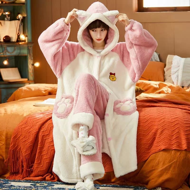 Pyjama d'hiver à capuche en forme d'oreille de chat en polaire douce Rose XXL