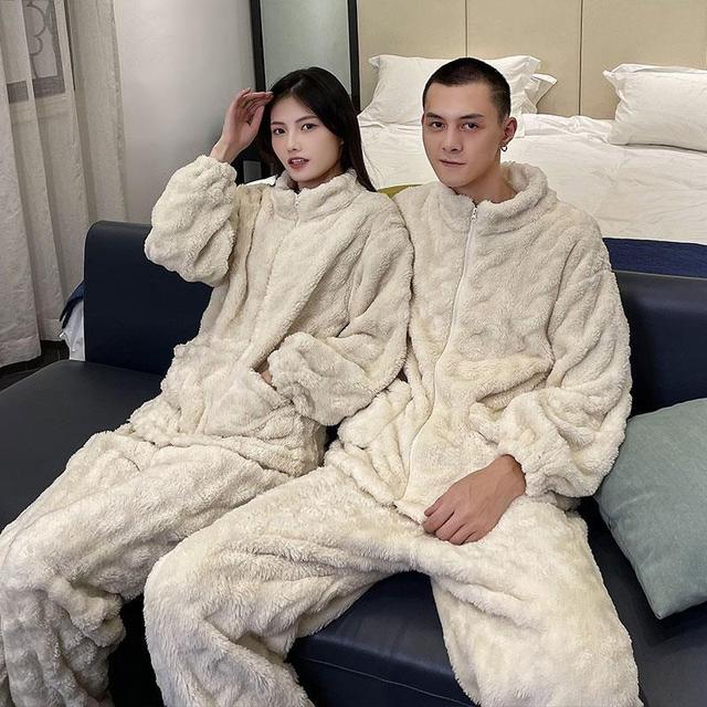 Pyjama d'hiver chaud en flanelle épaisse pour homme Beige L