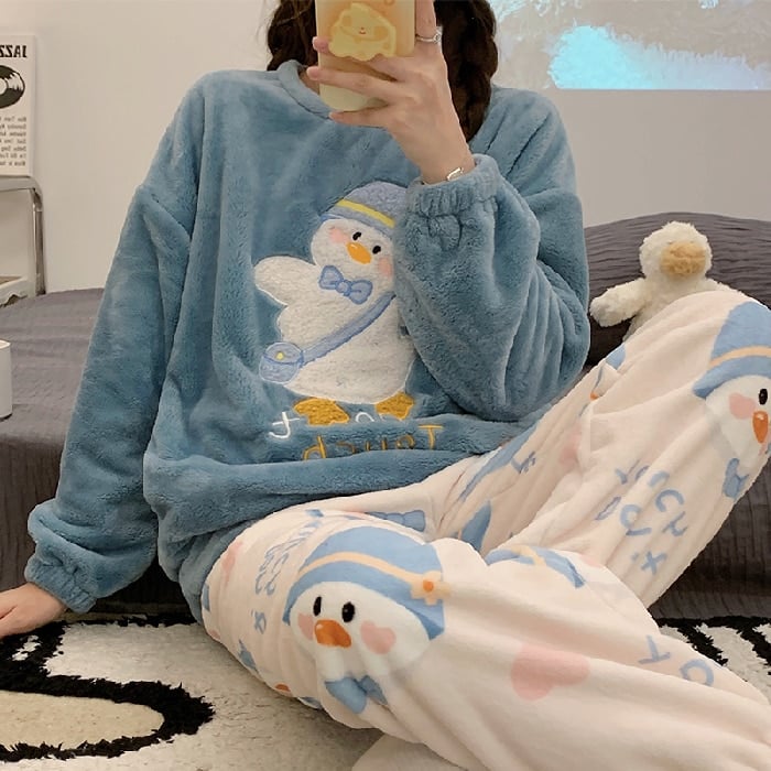 Pyjama d'hiver polaire épais Bleu XXL