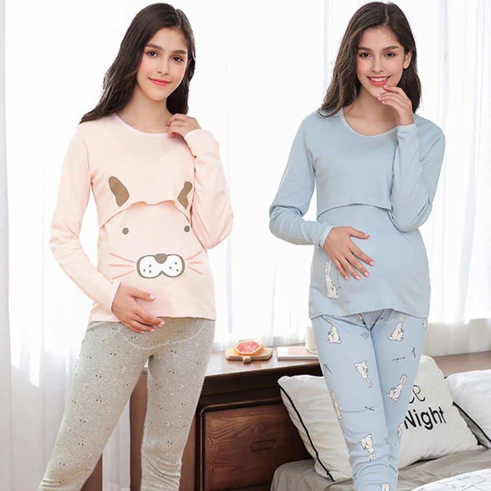 Pyjama de grossesse en coton à ceinture de taille intégrée_1