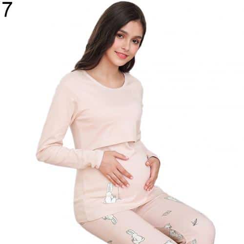 Pyjama de grossesse en coton à ceinture de taille intégrée_3