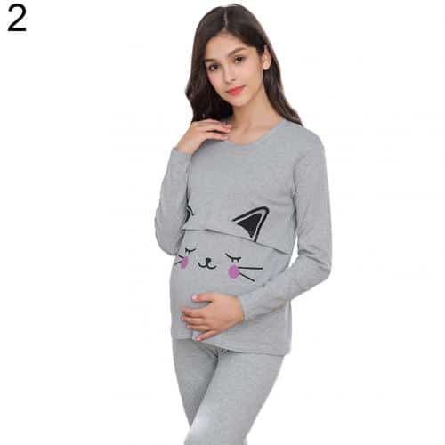 Pyjama de grossesse en coton à ceinture de taille intégrée Grise