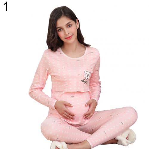 Pyjama de grossesse en coton à ceinture de taille intégrée Rose