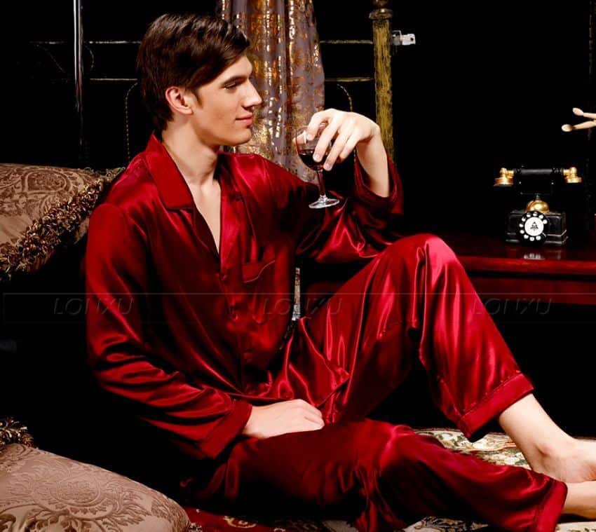 Pyjama de luxe à col V en pilou pour homme Rouge vin S