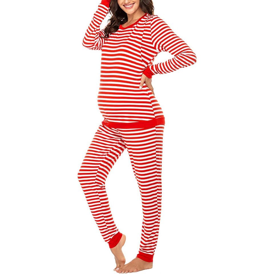 Pyjama de maternité à rayures à manches longues en polyester Rouge S