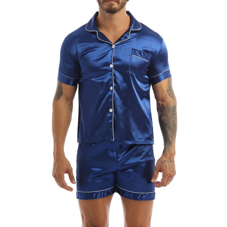Pyjama en Satin soyeux pour homme à manches courtes Bleue royale M