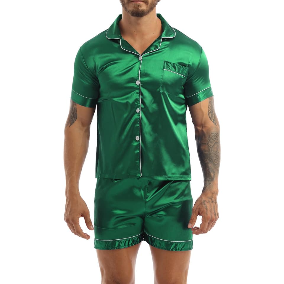 Pyjama en Satin soyeux pour homme à manches courtes Verte M