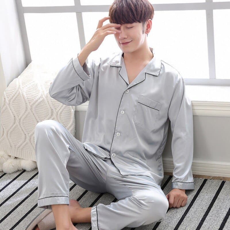 Pyjama en satin de soie décontracté pour homme Grise M