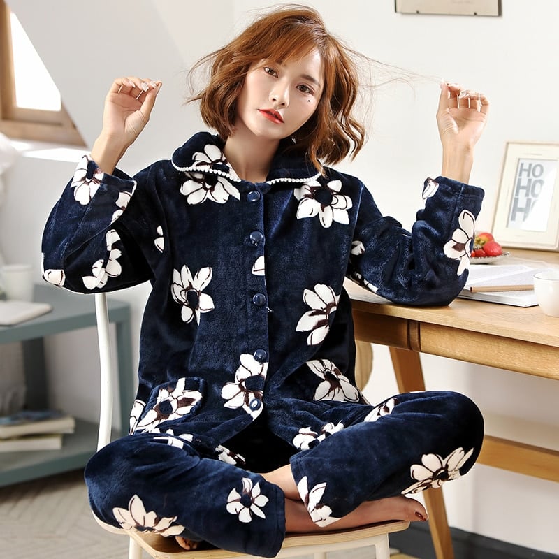 Pyjama en velours chaud pour femmes à col rabattu Bleu marine XXL