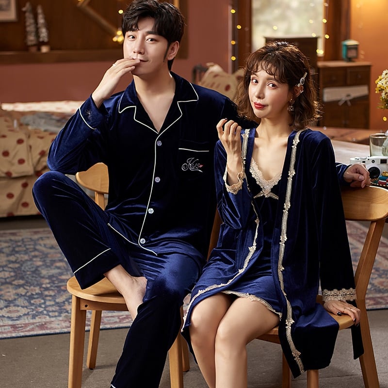 Pyjama en velours pour couple style élégant Bleu marine Homme XXXL