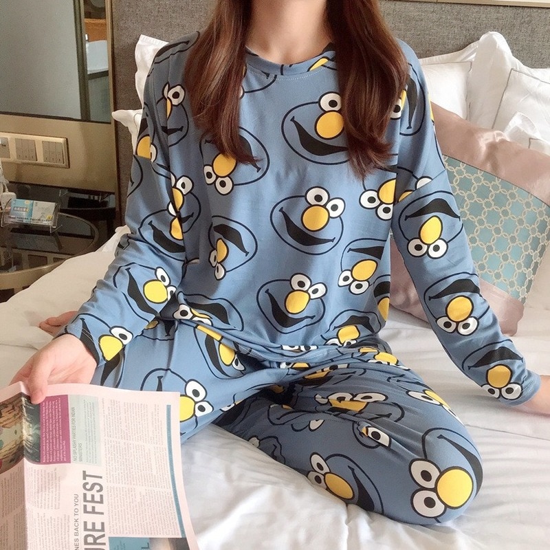 Pyjama fin pour ado en coton pour femme à imprimé Bleue M