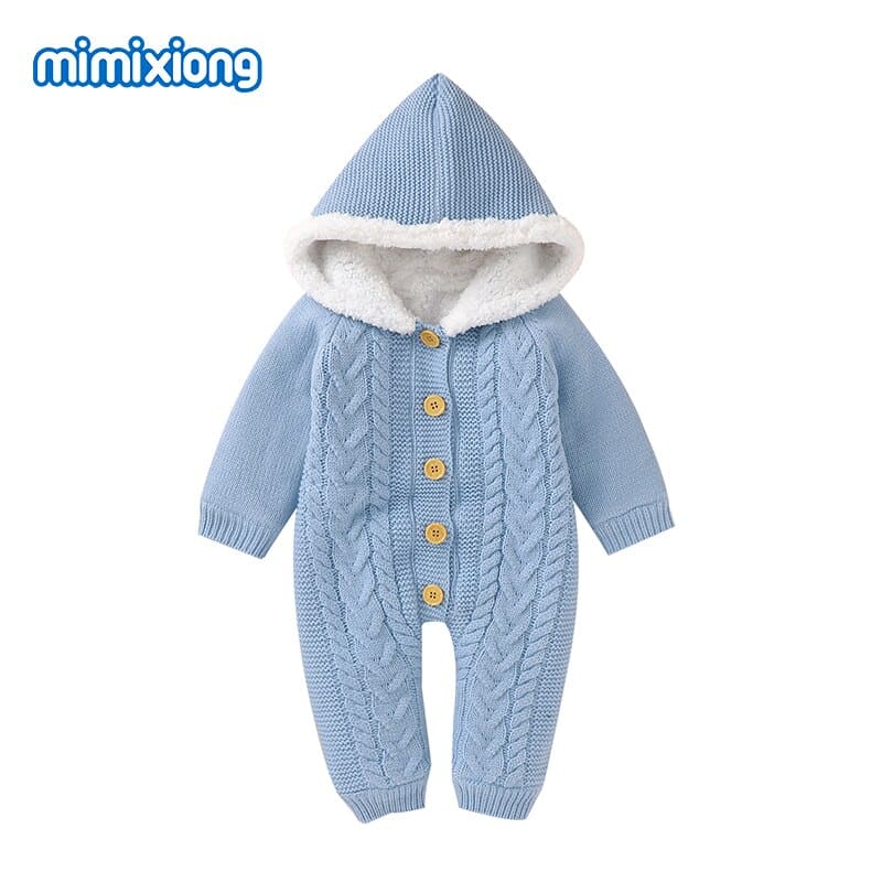 Pyjama mignon tricoté en coton avec capuche pour enfant Bleue 3mois