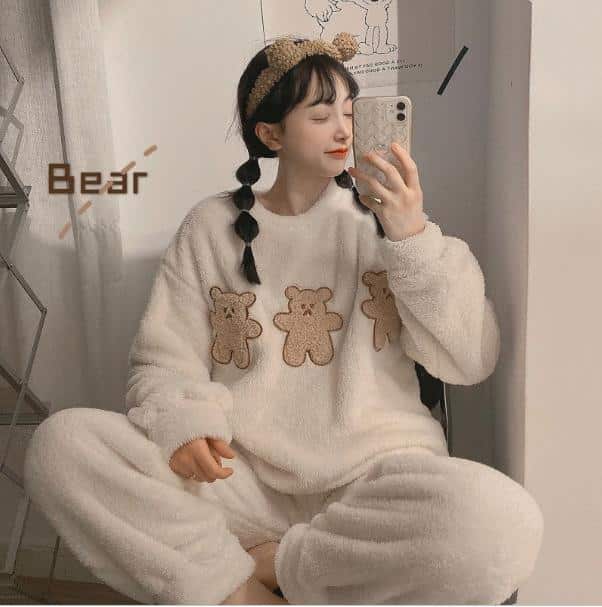 Pyjama polaire à motif petit ourson pour femmes Blanc XXL