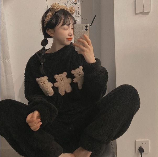 Pyjama polaire à motif petit ourson pour femmes Noir XXL