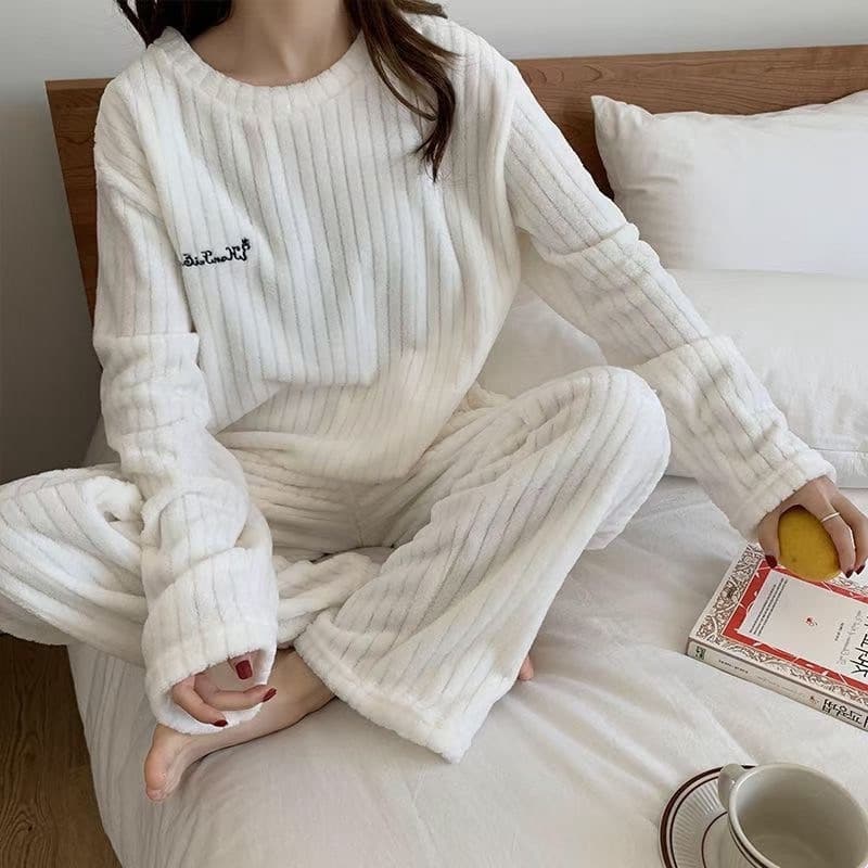 Pyjama pour adolescente en velours à simple rayure Blanc 40-80kg