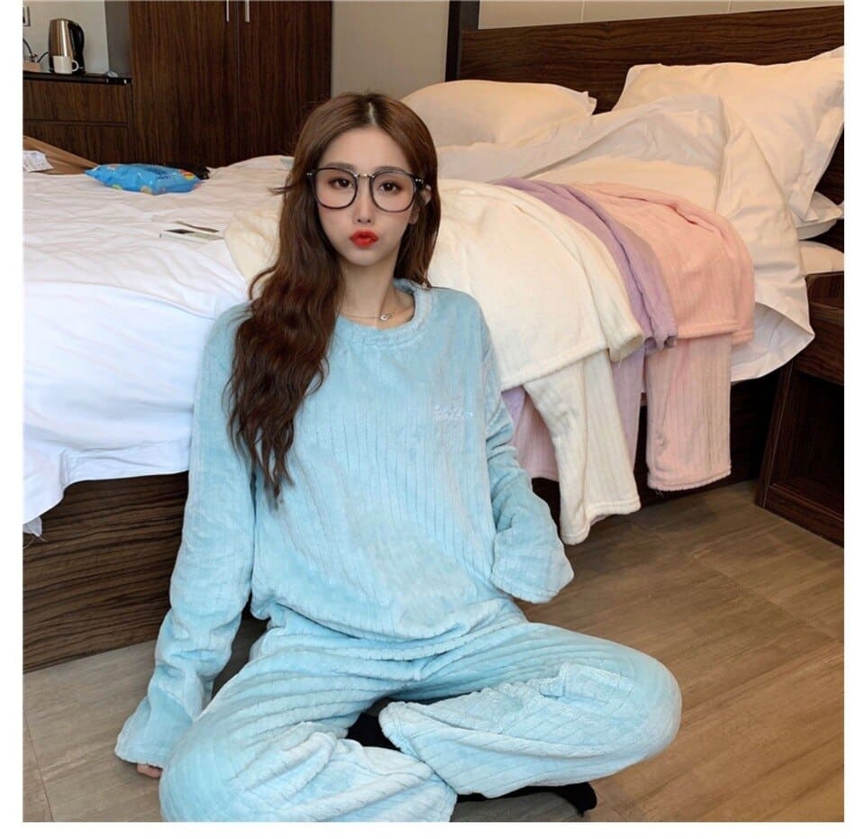 Pyjama pour adolescente en velours à simple rayure Bleu ciel 40-80kg