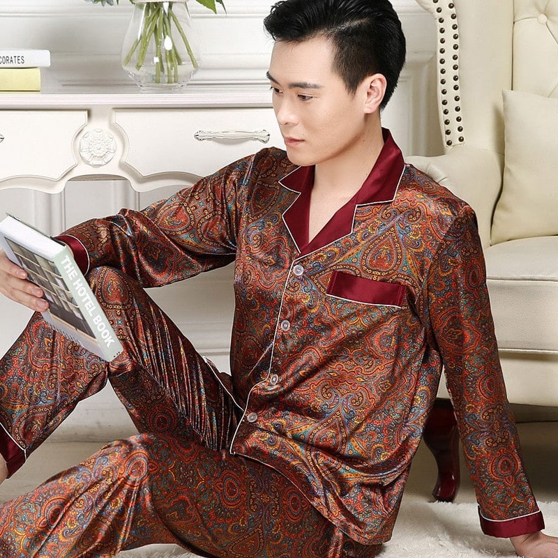 Pyjama stylé en soie glacée à manches longues pour homme_1