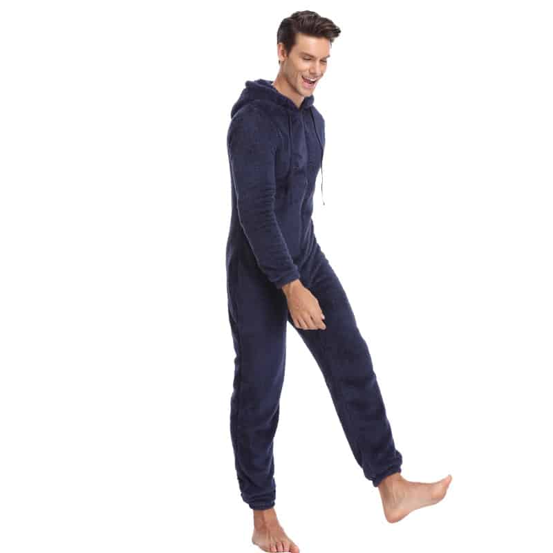 Pyjama une pièce en molleton doux et chaud à capuche Bleue marine L