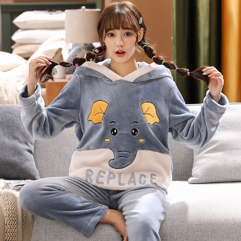 Ensemble pyjama à capuche en coton adorable éléphant Gris F XXXL