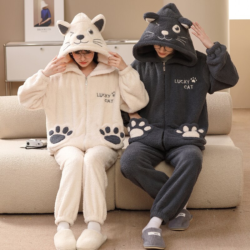 Ensemble pyjama chaud et épais pour Couple avec motif chat_4