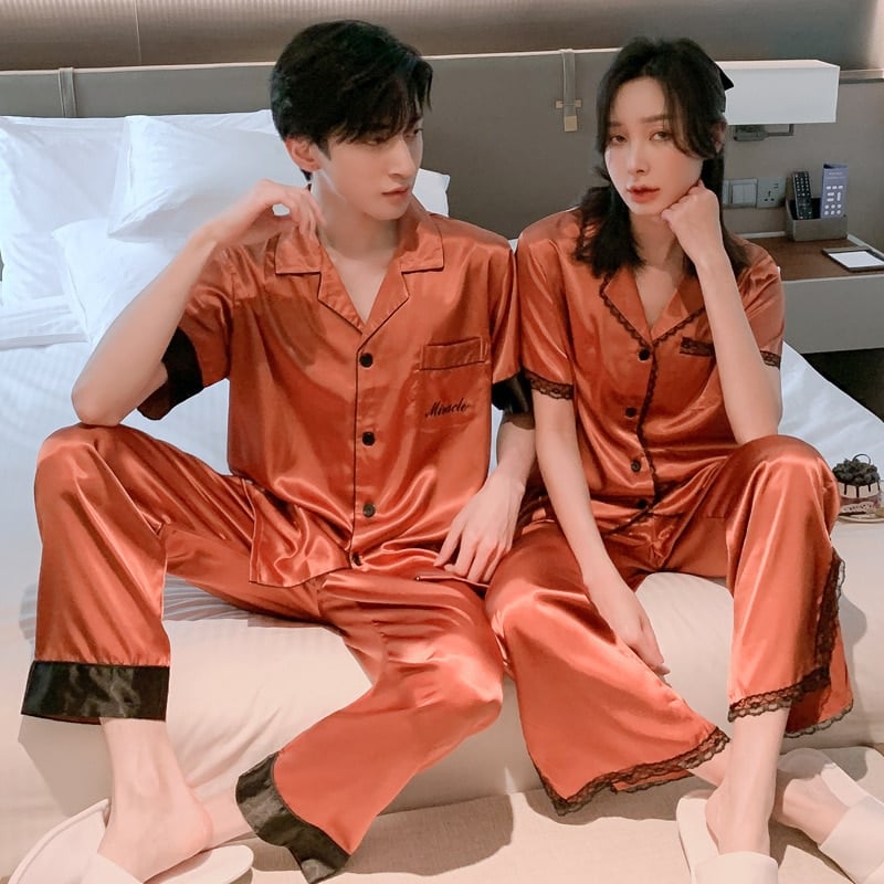 Ensemble pyjama manches courtes en satin pour couple Orange Femme XXL