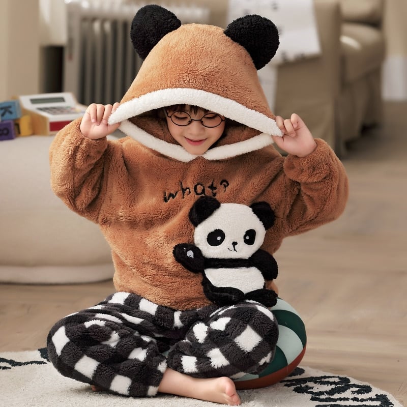 Ensemble pyjama panda à manches longues pour fille en flanelle_1