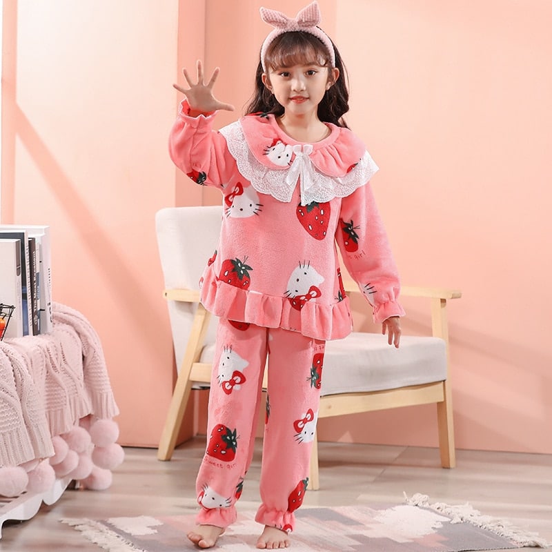 Ensemble pyjama polaire à col papillon pour petite fille Rose bonbon 12 ans (120-130cm)