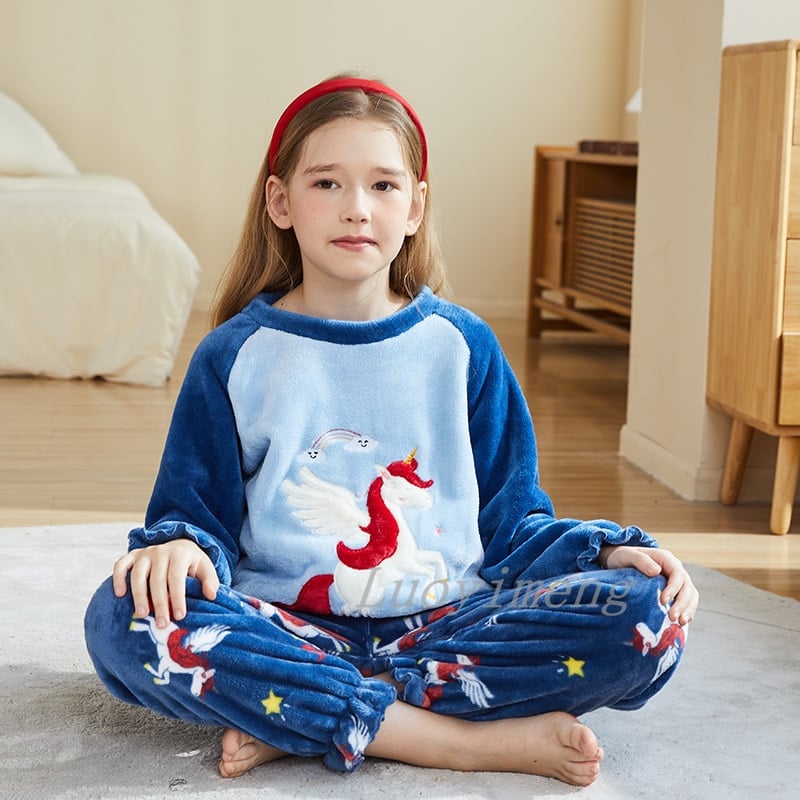 Ensemble pyjama polaire épais pour filles Bleu 14-15T (160-170cm)