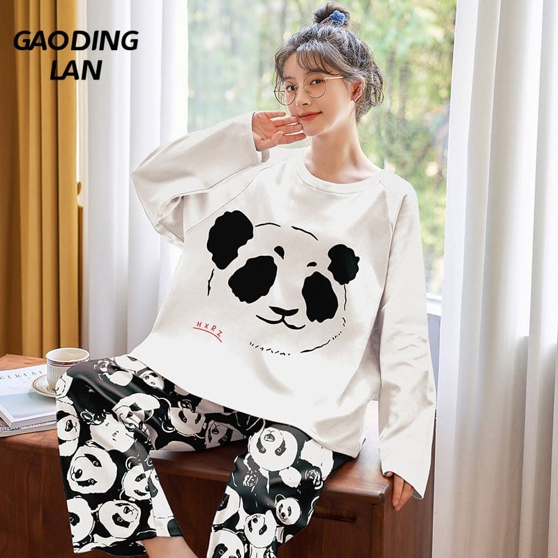 Pyjama à manches longues pour femmes avec motif panda en coton_1