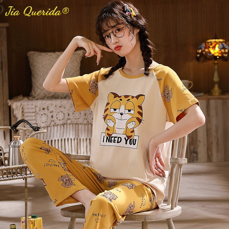 Pyjama avec motif chat en coton doux pour Couple Femme Chine